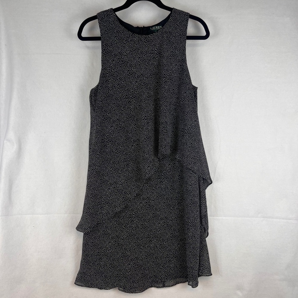 Lauren Ralph Lauren Womens Polka Dot Tiered Ruffle Shift Dress 14 Black White